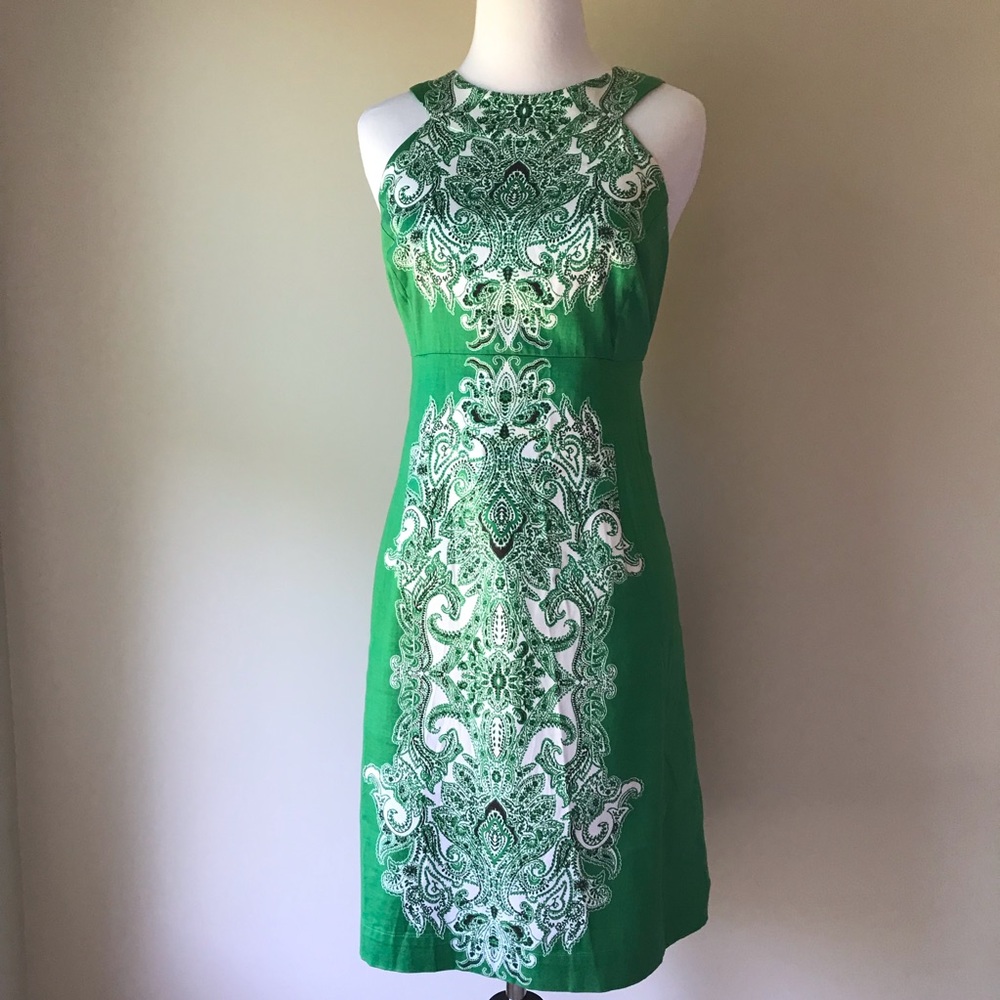 Green and white pattern pencil dress size 8
